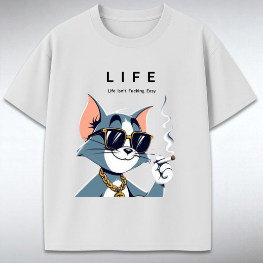 White t-shirt with cartoon character and 'LIFE' text on a gray background