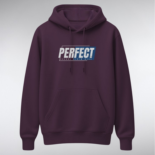 A heavyweight pullover hoodie featuring a rectangular chest graphic. The word "PERFECT" is written in a bold, distressed white font over a background of dark blocks and diagonal blue stripes, with smaller text reading "CASUAL DENIM WEAR" below.