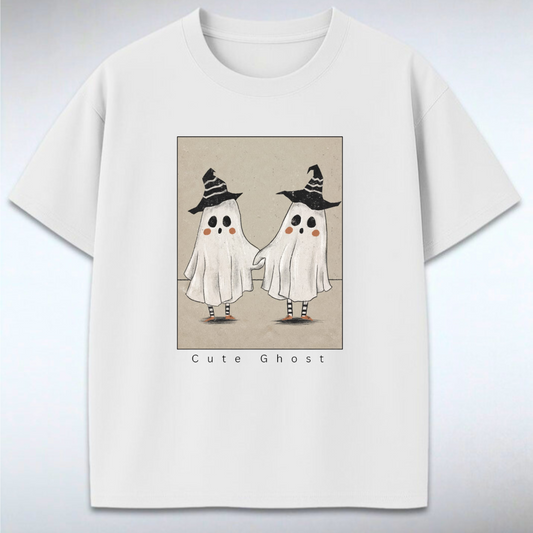 White t-shirt with cute ghost design on a gray background