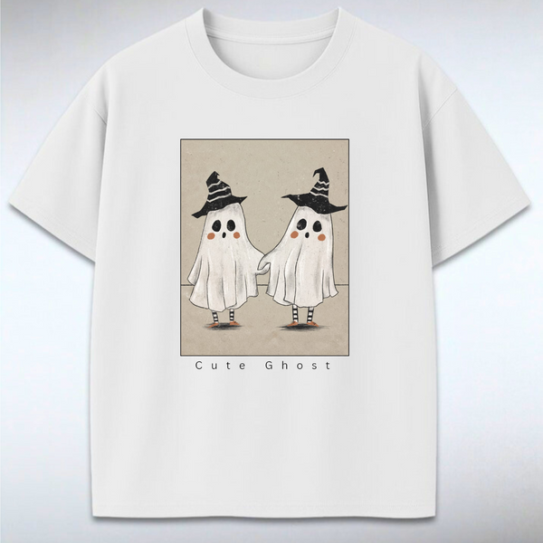 White t-shirt with cute ghost design on a gray background