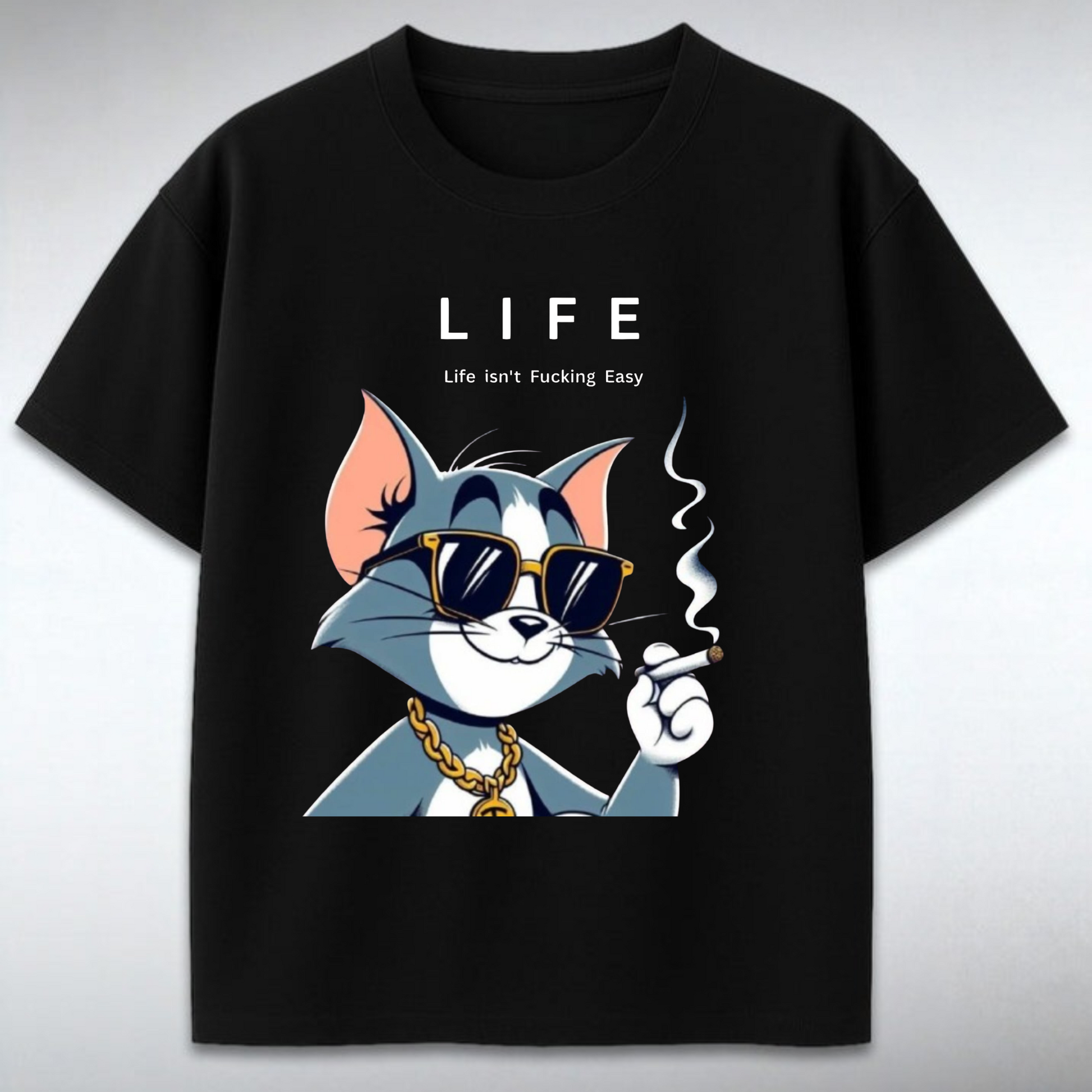 Black t-shirt with cartoon character and 'LIFE' text on a gray background