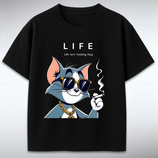 Black t-shirt with cartoon character and 'LIFE' text on a gray background
