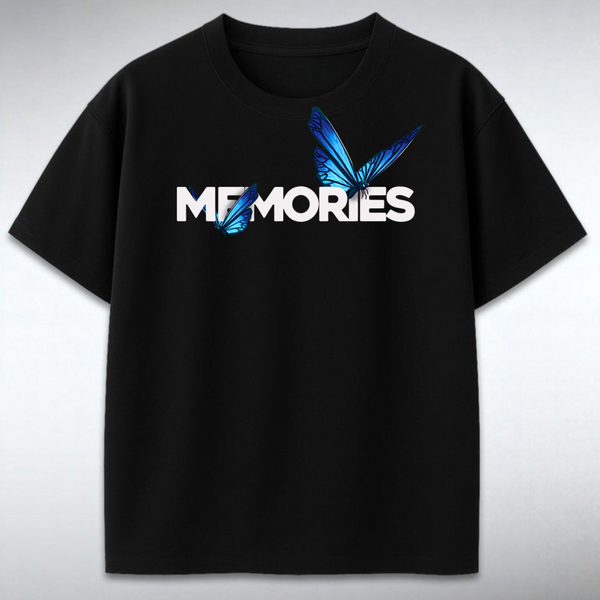 Black t-shirt with 'MEMORIES' and butterfly design on a gray background
