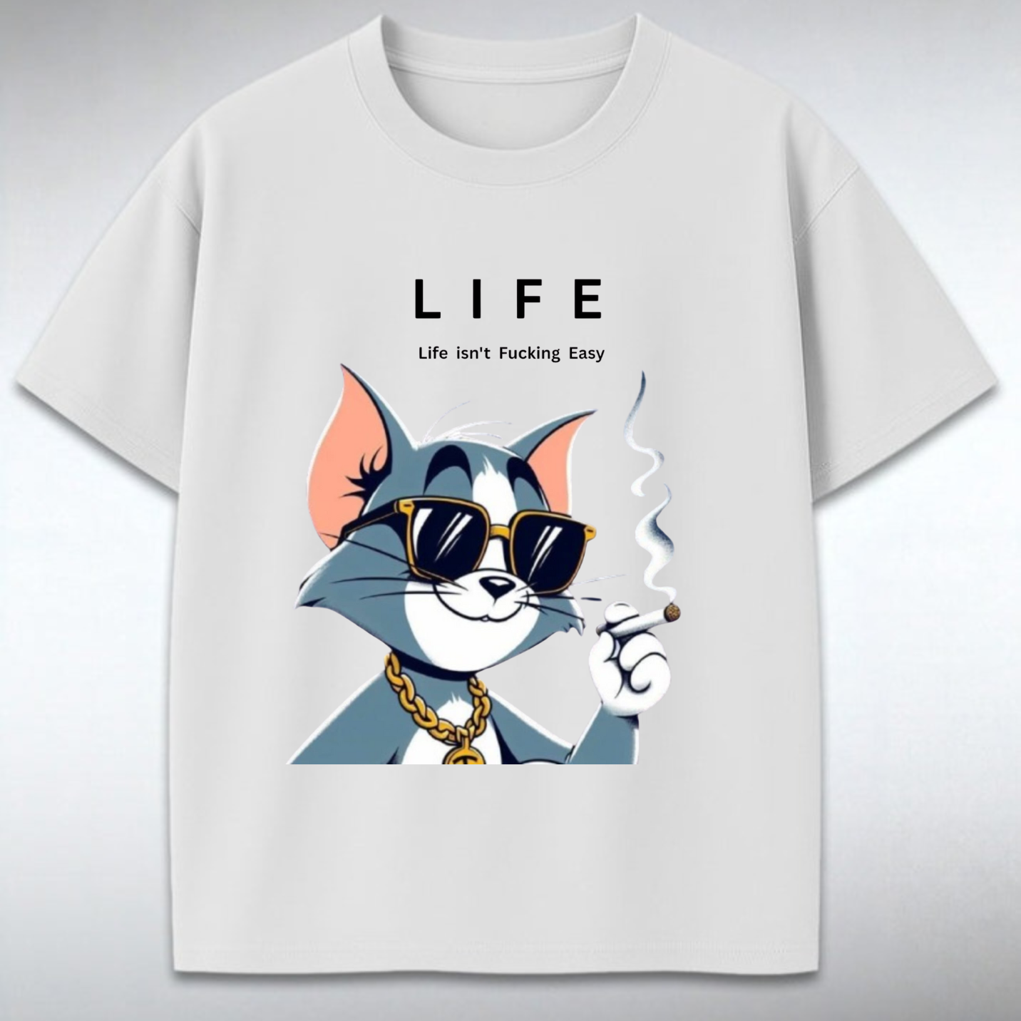 White t-shirt with cartoon character and 'LIFE' text on a gray background