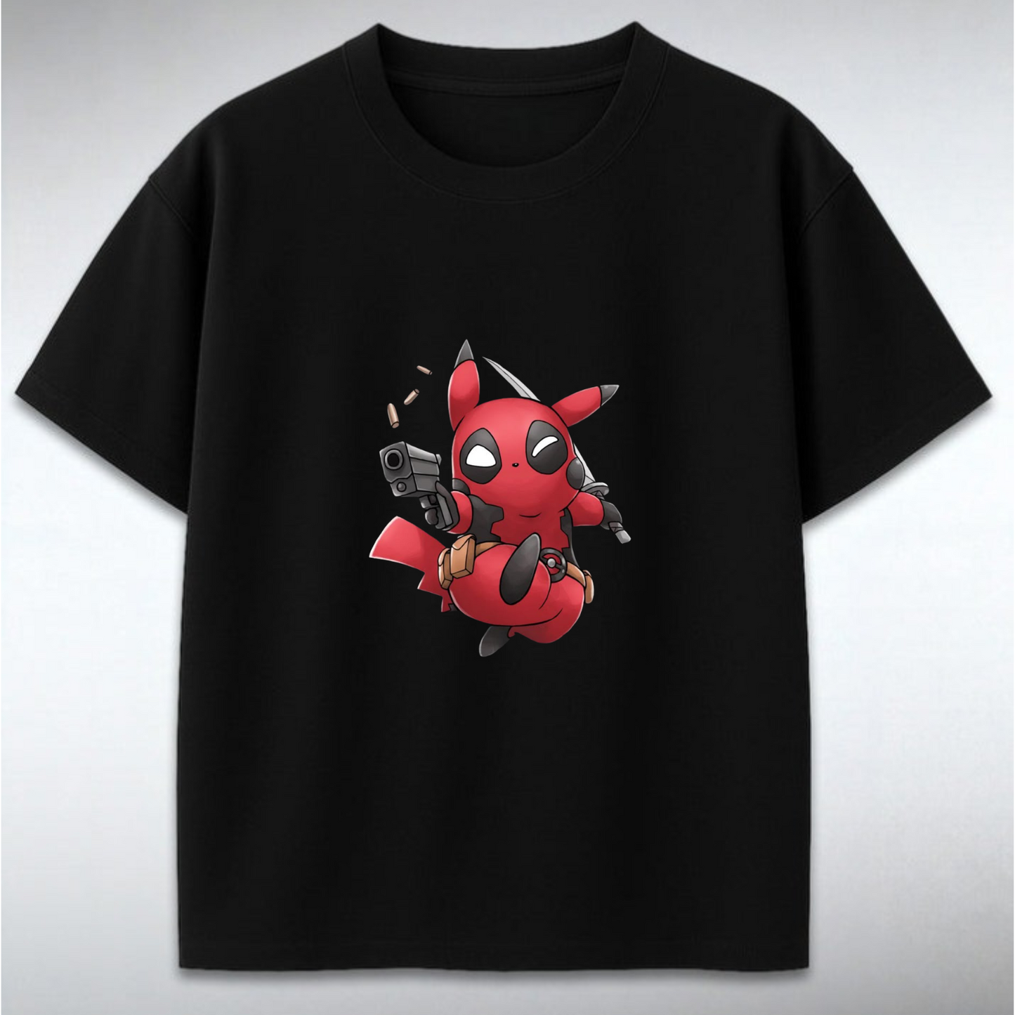 Black t-shirt with a red masked cartoon character design on a gray background