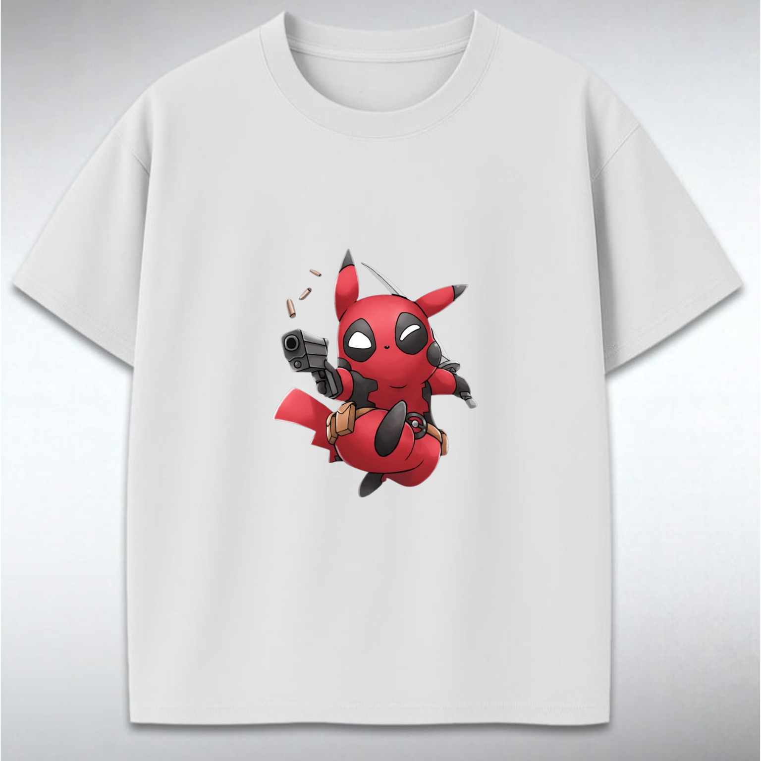 White t-shirt with a red masked cartoon character design on a gray background