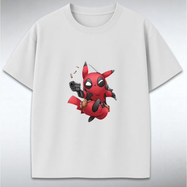 White t-shirt with a red masked cartoon character design on a gray background