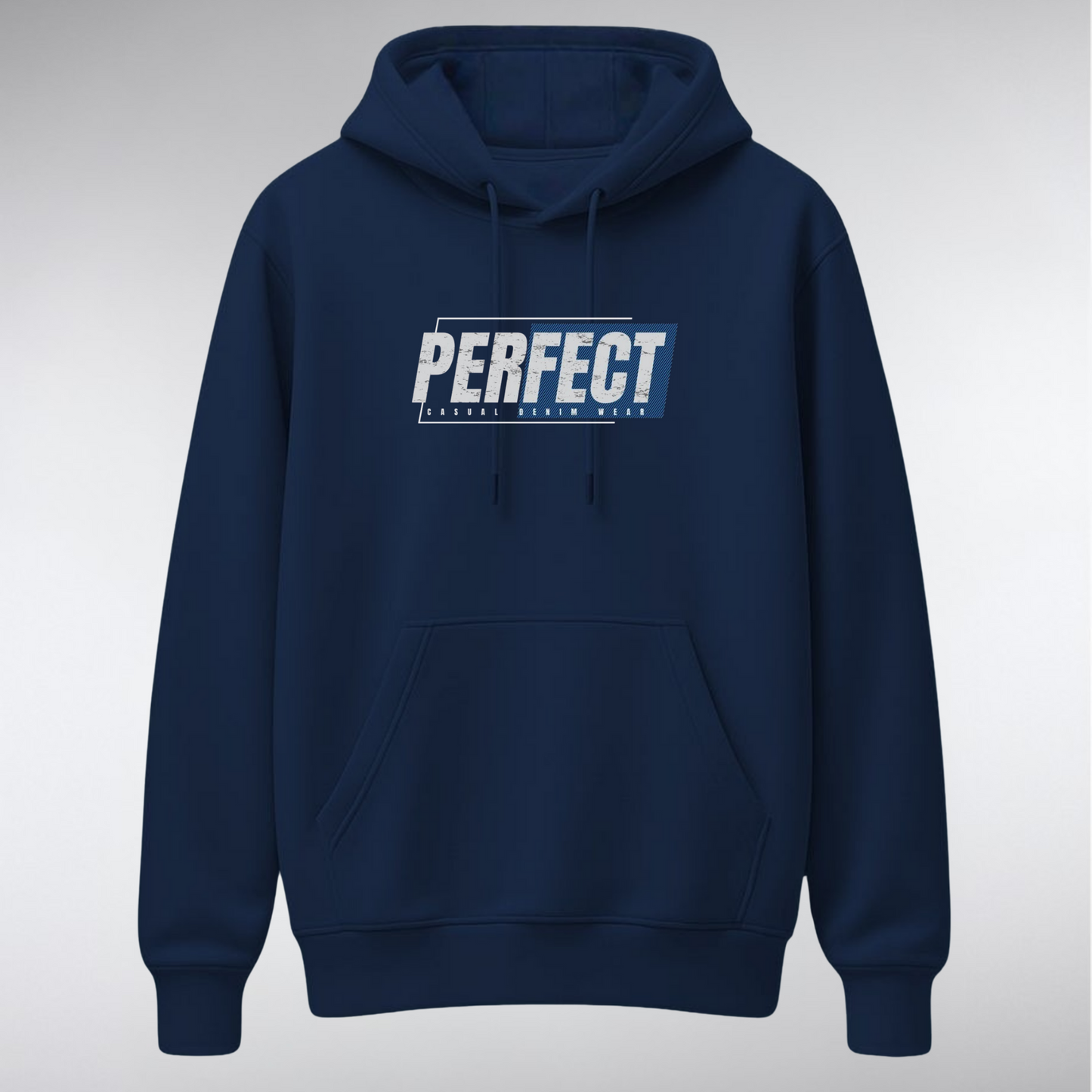 A heavyweight pullover hoodie featuring a rectangular chest graphic. The word "PERFECT" is written in a bold, distressed white font over a background of dark blocks and diagonal blue stripes, with smaller text reading "CASUAL DENIM WEAR" below.
