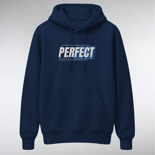 A heavyweight pullover hoodie featuring a rectangular chest graphic. The word "PERFECT" is written in a bold, distressed white font over a background of dark blocks and diagonal blue stripes, with smaller text reading "CASUAL DENIM WEAR" below.