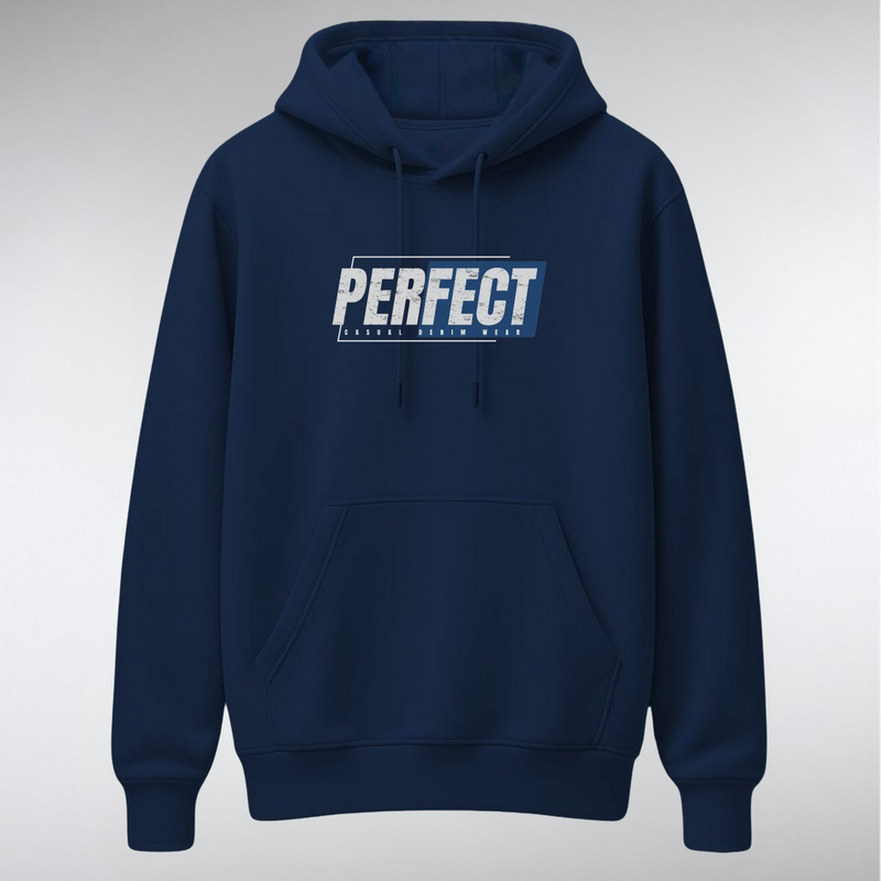 A heavyweight pullover hoodie featuring a rectangular chest graphic. The word "PERFECT" is written in a bold, distressed white font over a background of dark blocks and diagonal blue stripes, with smaller text reading "CASUAL DENIM WEAR" below.
