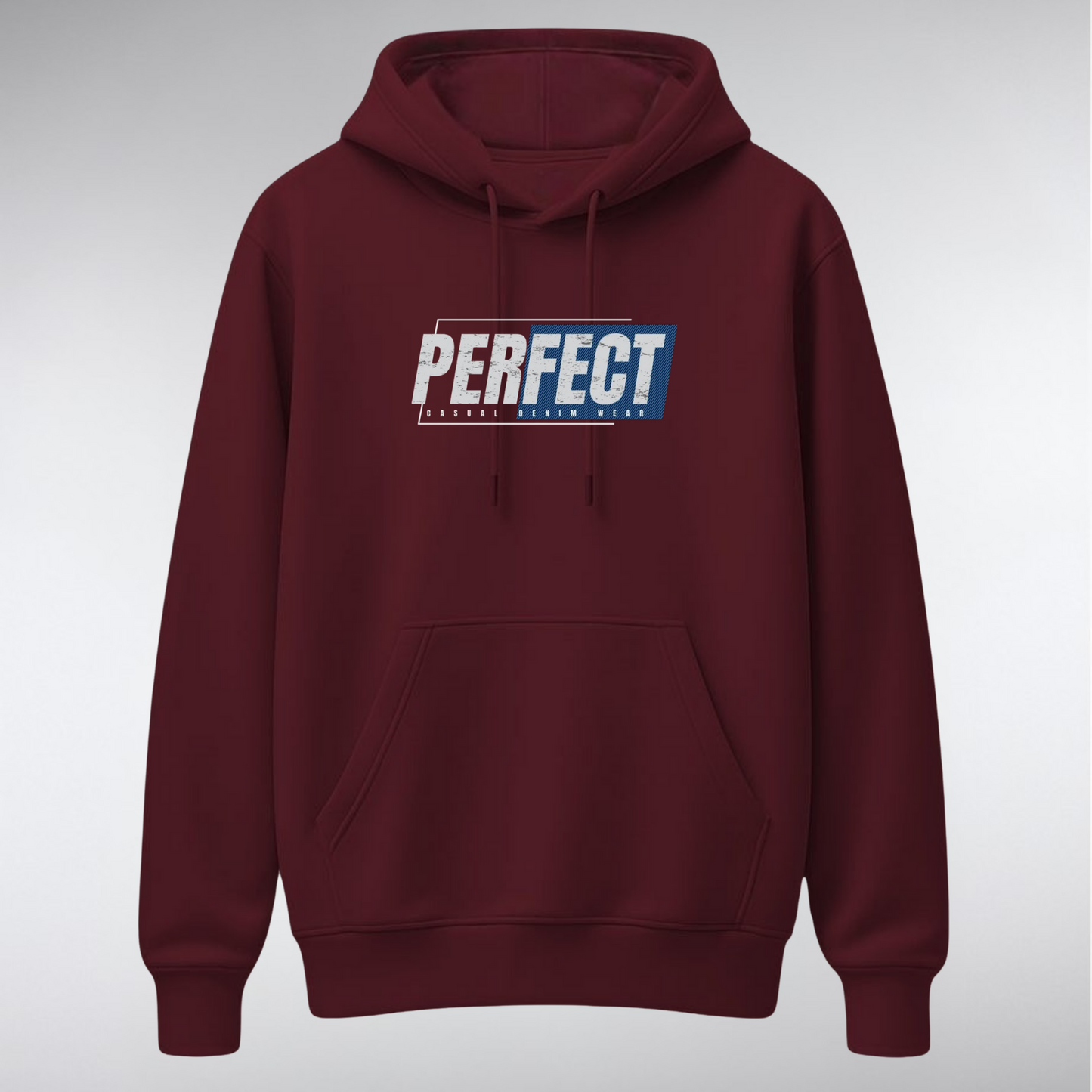 A heavyweight pullover hoodie featuring a rectangular chest graphic. The word "PERFECT" is written in a bold, distressed white font over a background of dark blocks and diagonal blue stripes, with smaller text reading "CASUAL DENIM WEAR" below.