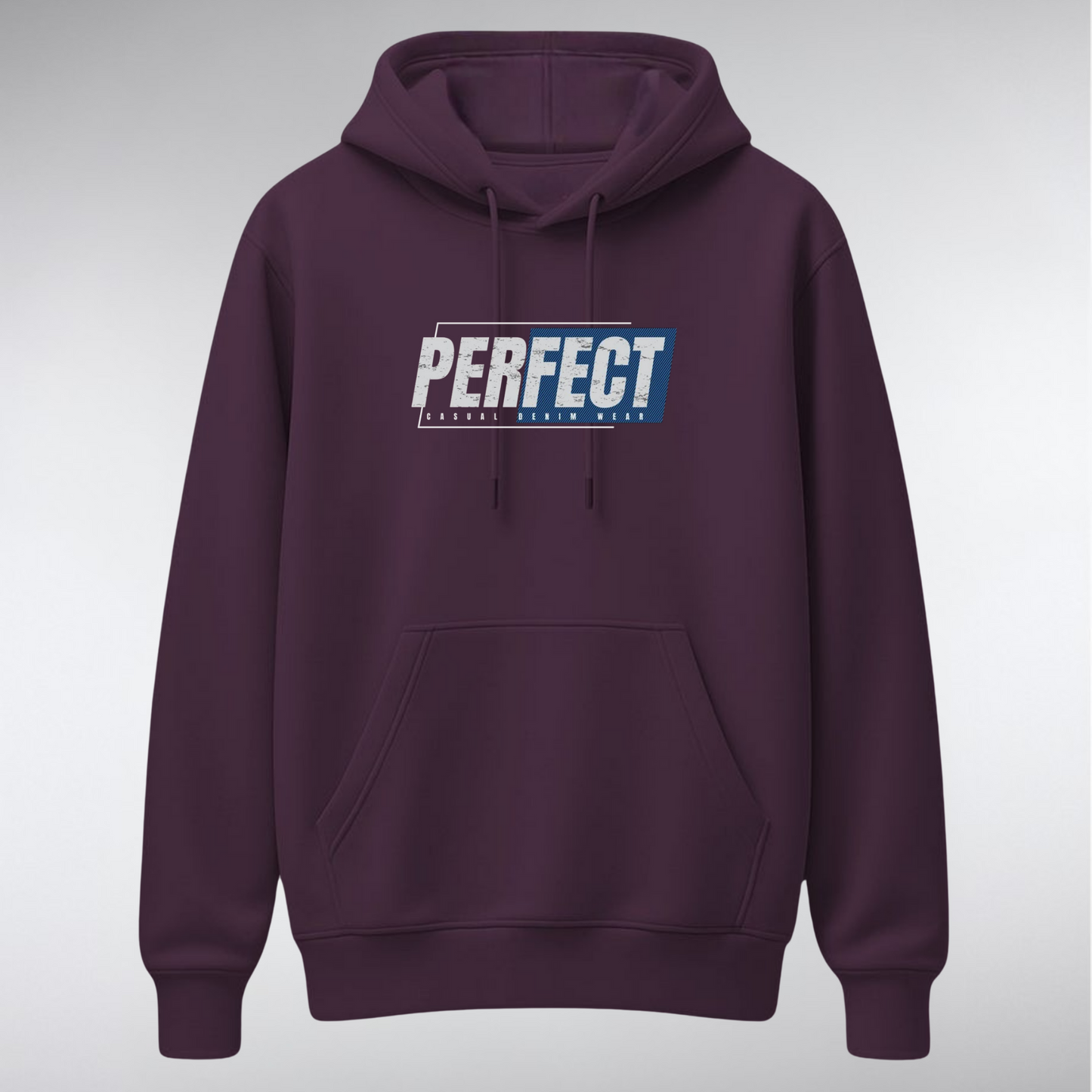 A heavyweight pullover hoodie featuring a rectangular chest graphic. The word "PERFECT" is written in a bold, distressed white font over a background of dark blocks and diagonal blue stripes, with smaller text reading "CASUAL DENIM WEAR" below.