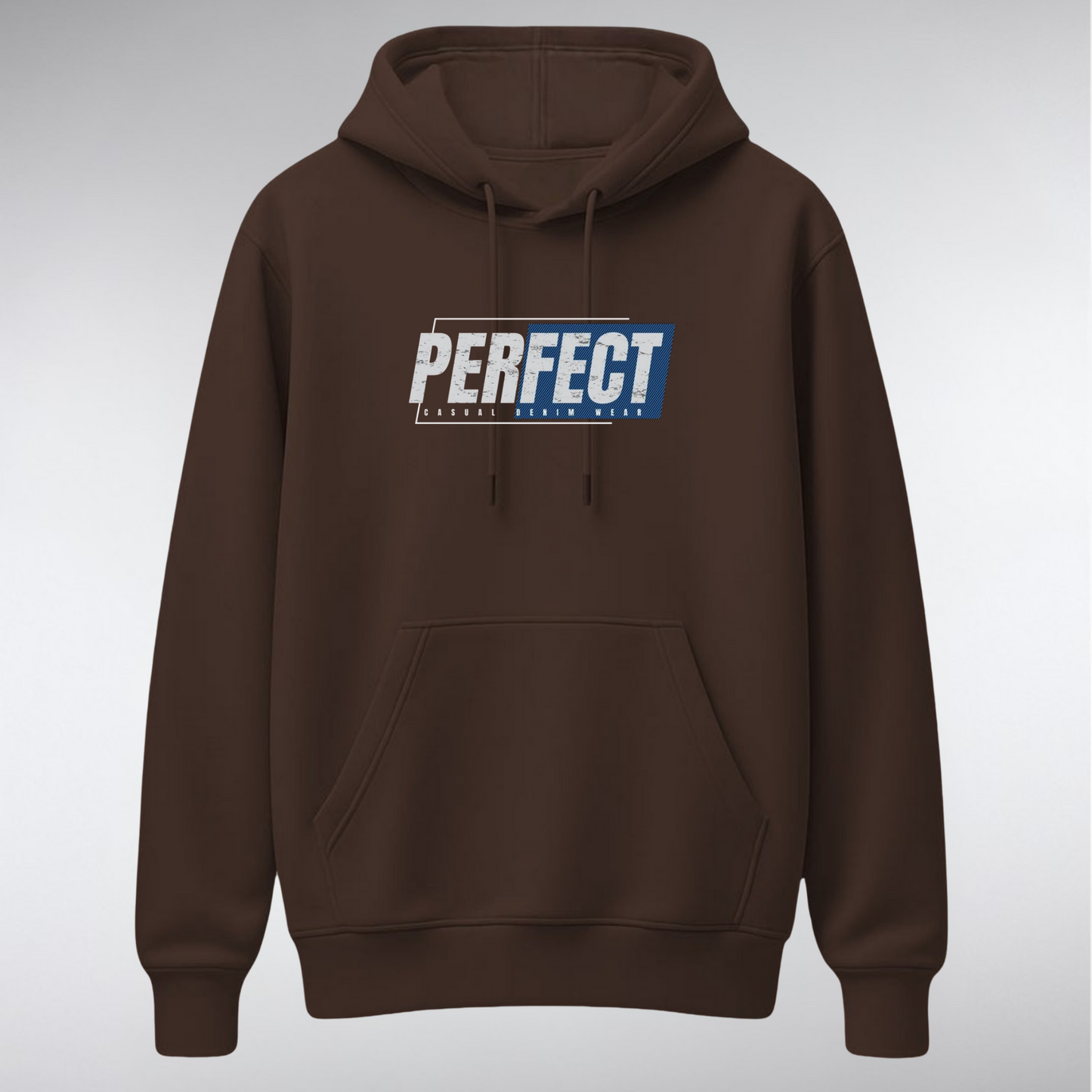 A heavyweight pullover hoodie featuring a rectangular chest graphic. The word "PERFECT" is written in a bold, distressed white font over a background of dark blocks and diagonal blue stripes, with smaller text reading "CASUAL DENIM WEAR" below.