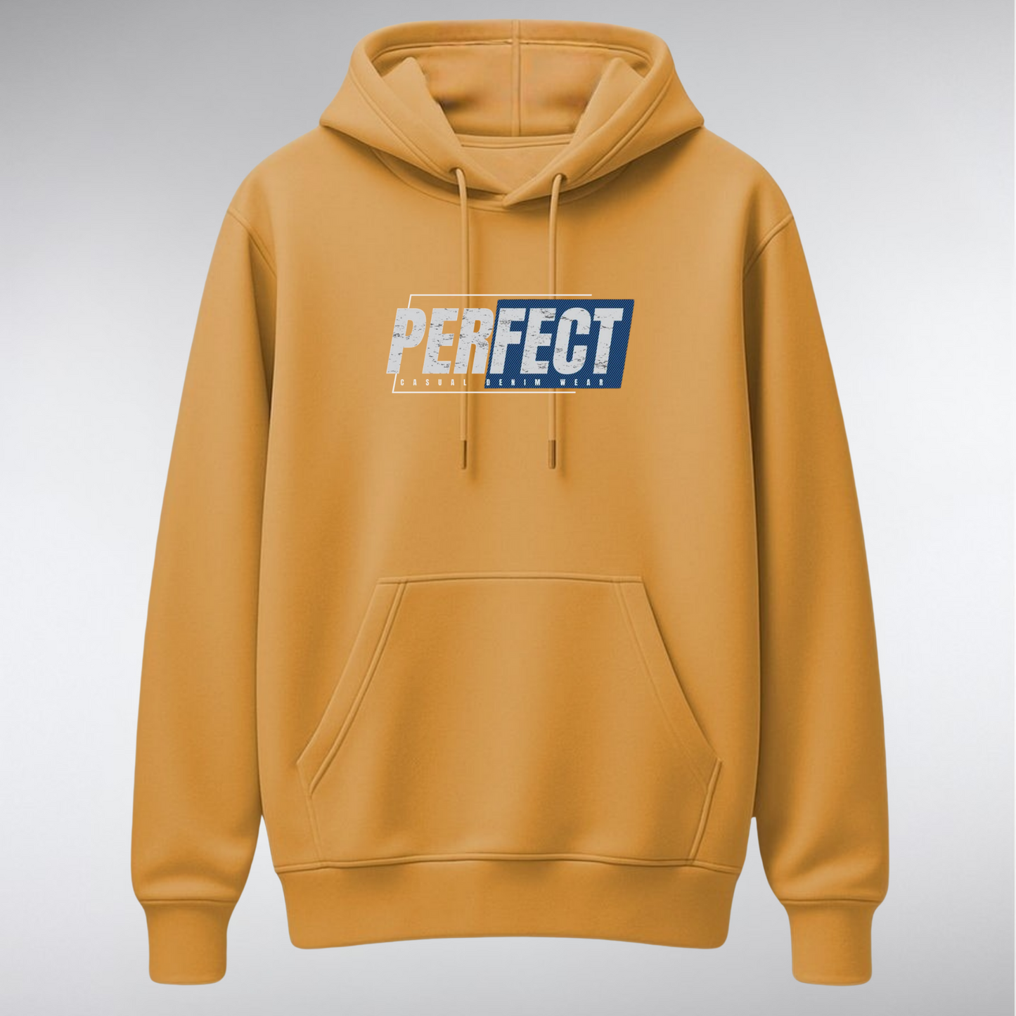 A heavyweight pullover hoodie featuring a rectangular chest graphic. The word "PERFECT" is written in a bold, distressed white font over a background of dark blocks and diagonal blue stripes, with smaller text reading "CASUAL DENIM WEAR" below.