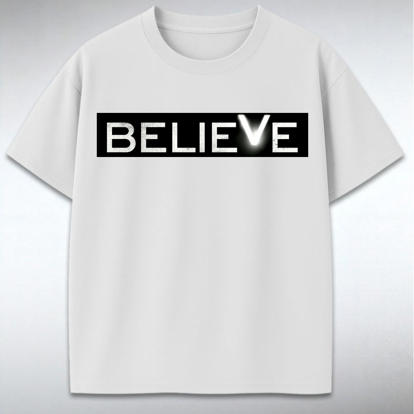 White Rascal Nation t-shirt with 'BELIEVE' printed and glowing V detail 