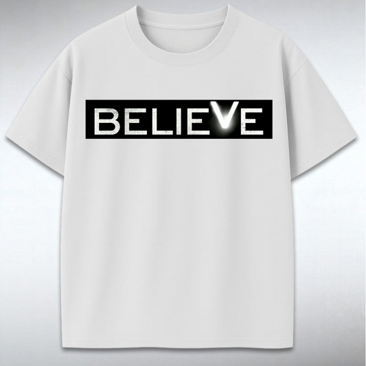 White Rascal Nation t-shirt with 'BELIEVE' printed and glowing V detail 
