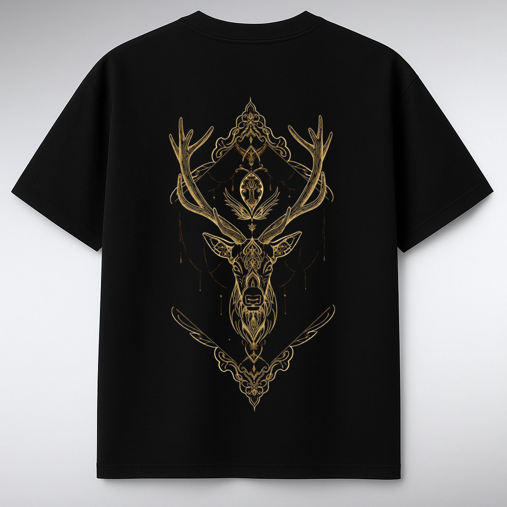 Golden deer mandala graphic t-shirt back design on black