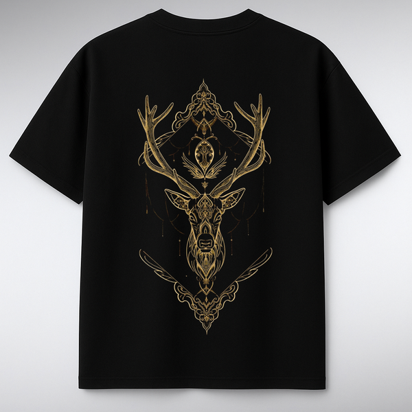 Golden deer mandala graphic t-shirt back design on black