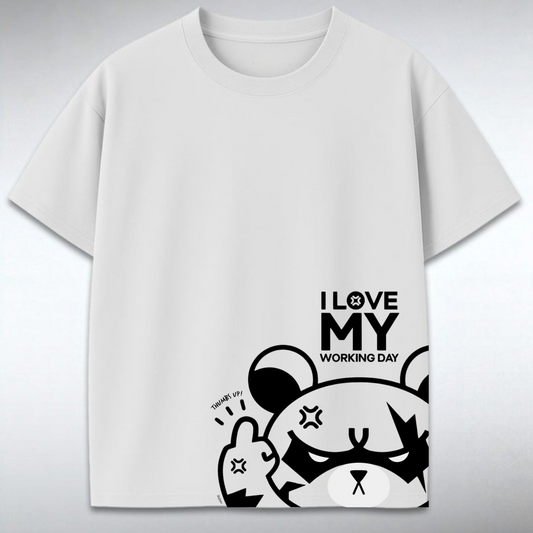 White Rascal Nation t-shirt with corner black panda graphic and "I Love My Working Day" text