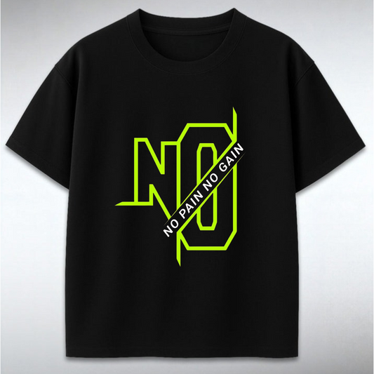 Black t-shirt with neon green 'NO PAIN NO GAIN' text on a gray background