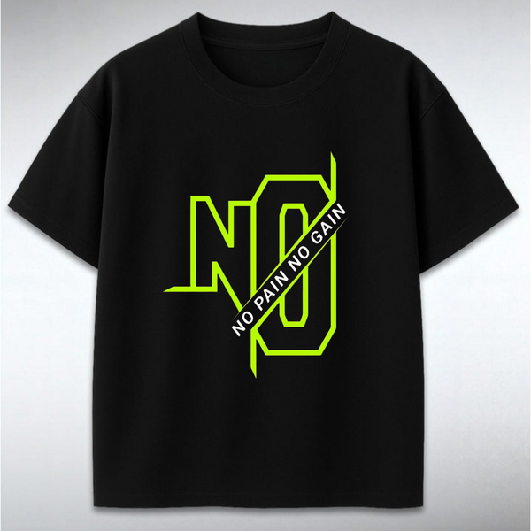 Black t-shirt with neon green 'NO PAIN NO GAIN' text on a gray background